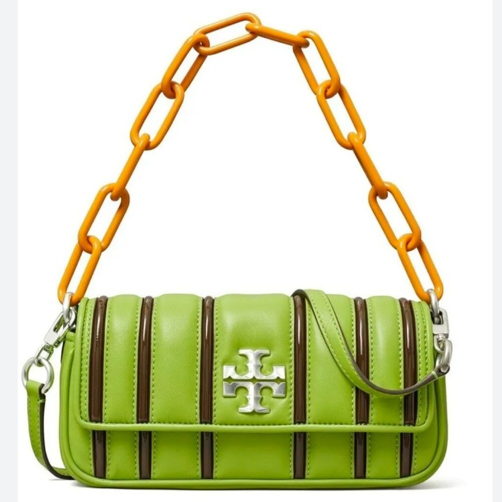 Tory Burch Bombe Kira Stripe Flap Bag Green Leather With Silver Hardware